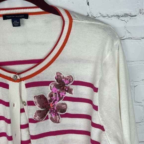 Tommy Hilfiger Button Up Striped Cardigan with Sequin Floral  Patch Size XXL - Picture 3 of 6